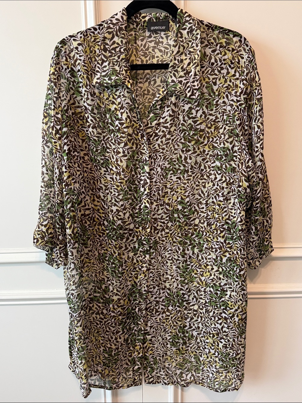 Avenue Olive and White Leaf-Print Button Down Shirt